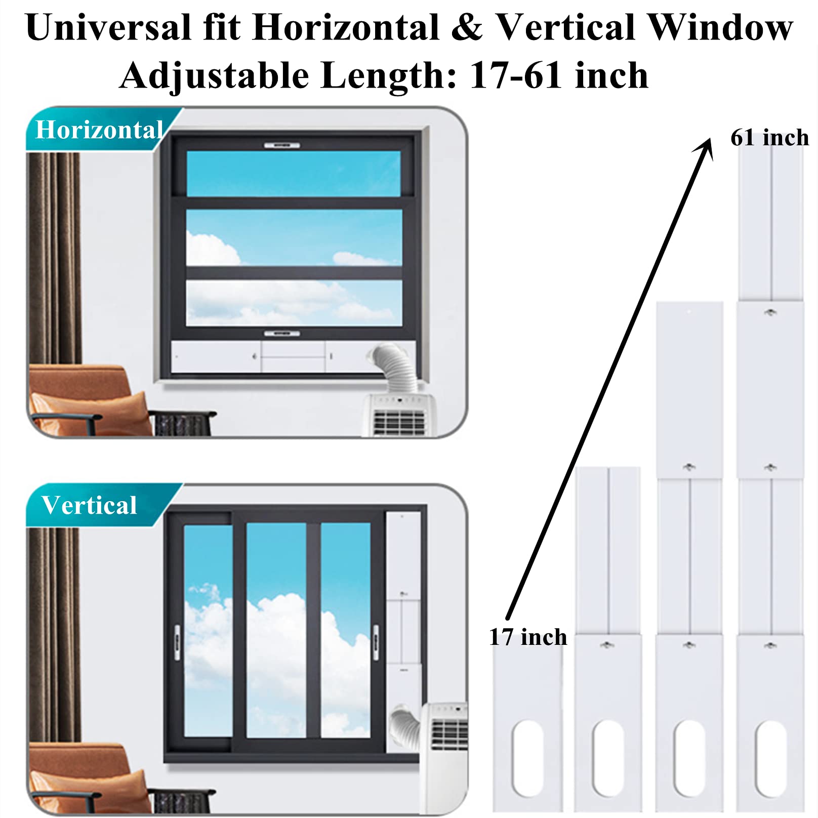 Upgraded Portable Air Conditioner Windows Vent Kit, Universal Window Sealing Plates with 2 in 1 Coupler, Suit for 5.1/5.9In Diameter Air Conditioner Exhaust Hose, Adjustable Length－17”to 61”