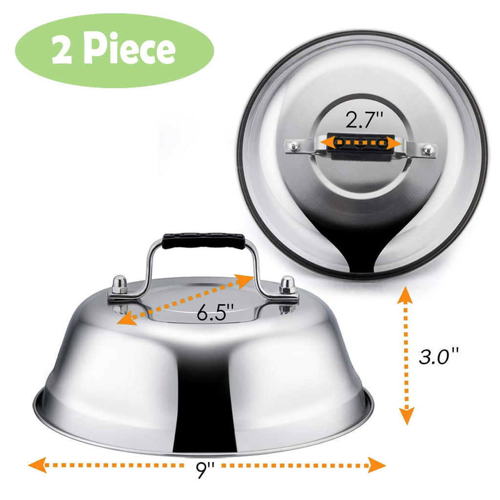 9inch Cheese Melting Dome Set of 2, Leonyo Stainless Steel Steam Basting Cover for Griddle Grill Flat Top, Heavy Duty Griddle Accessories for BBQ Cooking Burger, Dishwasher Safe