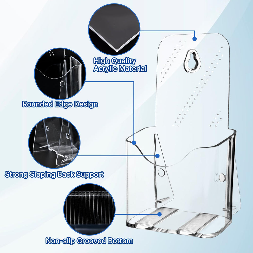 Worldity 10 Pcs Acrylic Brochure Holder, 4 x 8 Inch Pamphlet Holder Stand, Clear Literature Holder Wall Mount, Flyer Display Stand for Menu, Booklet, Brochure Tabletop Display for Office