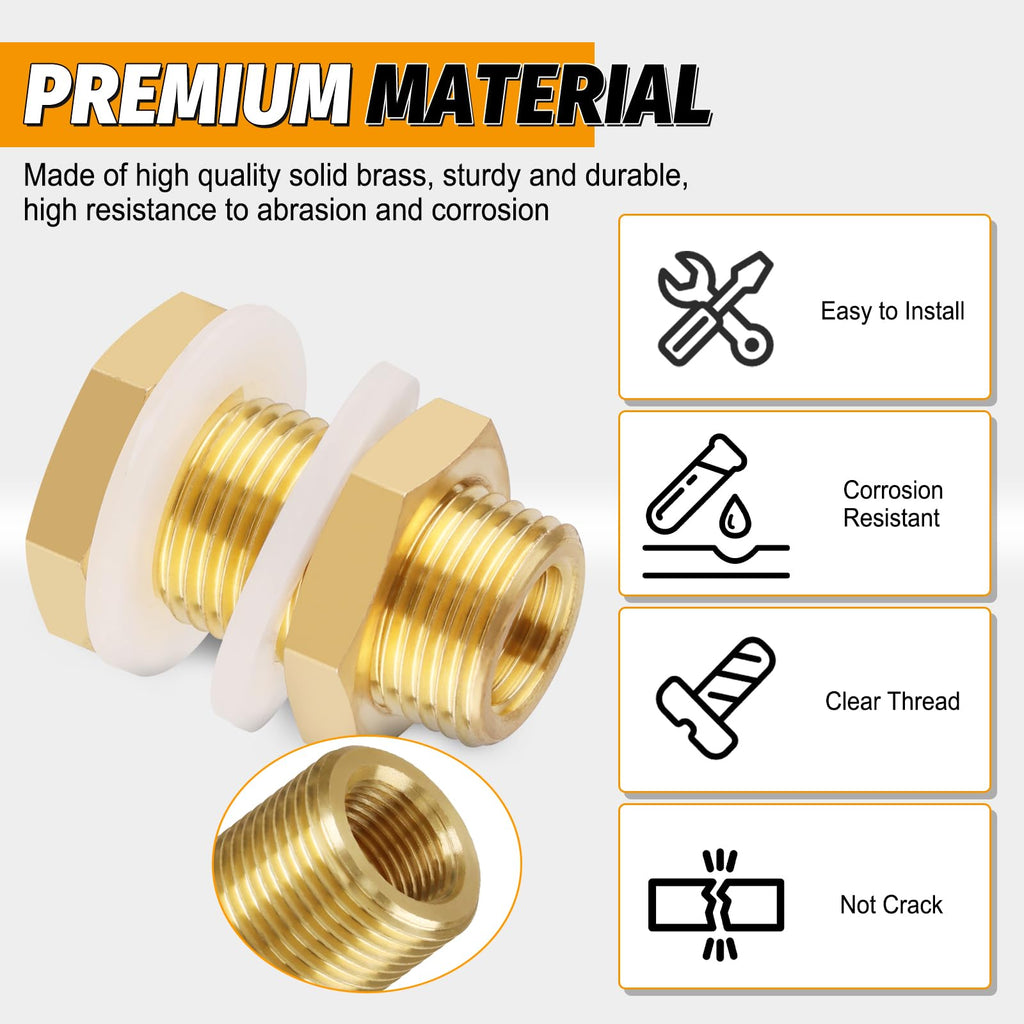 KOOTNAS 2-Pack Solid Brass Bulkhead Fittings, 1/4 NPT Taper Female 3/4" Straight Male Thread Brass Water Tank Connector with 4 Rubber Rings 4 Silicone Rings, for Tank Body, Wooden Barrels