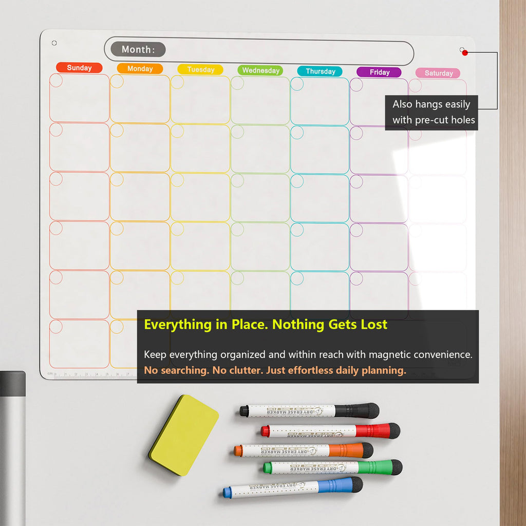 Magnetic Calendar for Fridge, Dry Erase Whiteboard Calendar Monthly Planner, 6-Week Layout, Easy to Clean, Extra-Thick Strong Magnetic Hold, Includes Dual-Magnet Markers & Eraser 43 x 33 cm