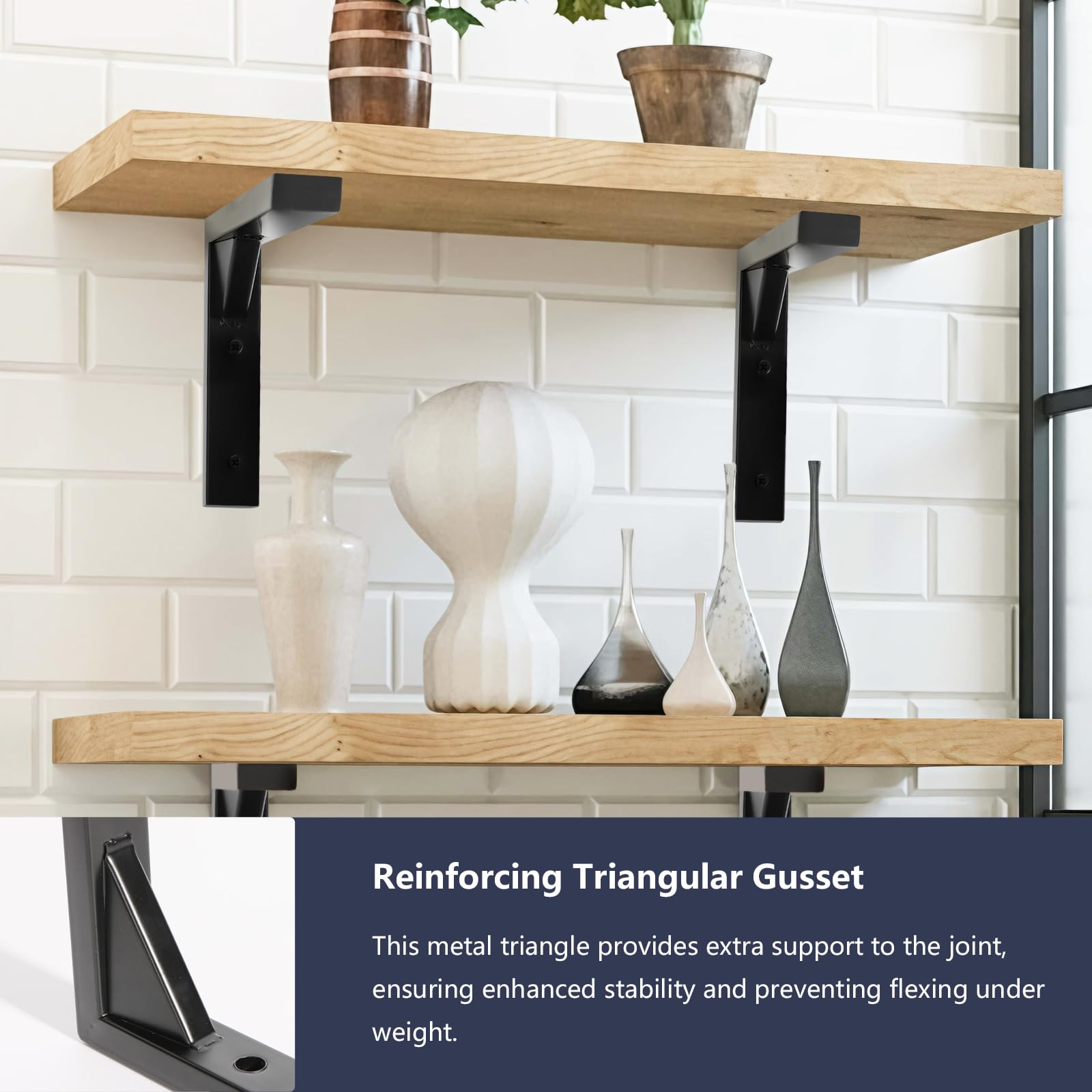 Terafeels 4 Pack Black Shelf Brackets – Stainless Steel L Shaped Wall Shelf Supports with Triangular Reinforcement, Hollow Design, Screws and Wall Plugs Included 6 Inch
