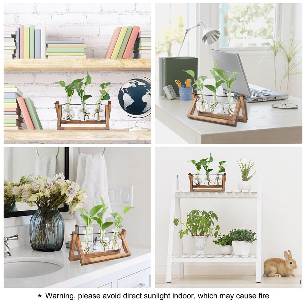 Hbnlai Plant Propagation Station, Plant Terrarium with Wooden Stand for Hydroponic Plants Home Garden Office Decor Indoor, Gardening Birthday Gifts for Women Mom - 3 Bulb Glass Vases