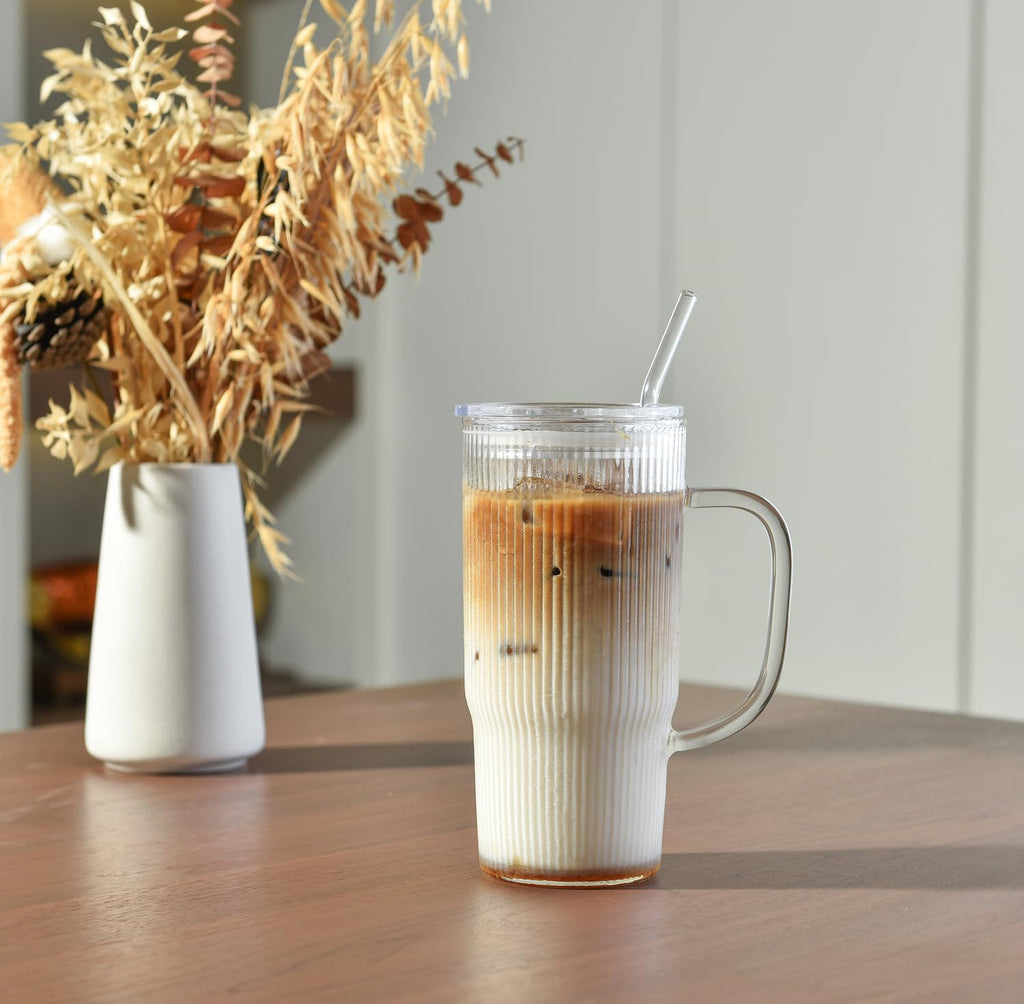 ALINK 2 Pack 24 oz Ribbed Glass Tumbler with Handle Lid and Straw,Glassware Set Ripple Large Iced Coffee Cups, Aesthetic Glass Travel Tumbler for Hot & Cold Beverages, Smoothies, Tea and Juice
