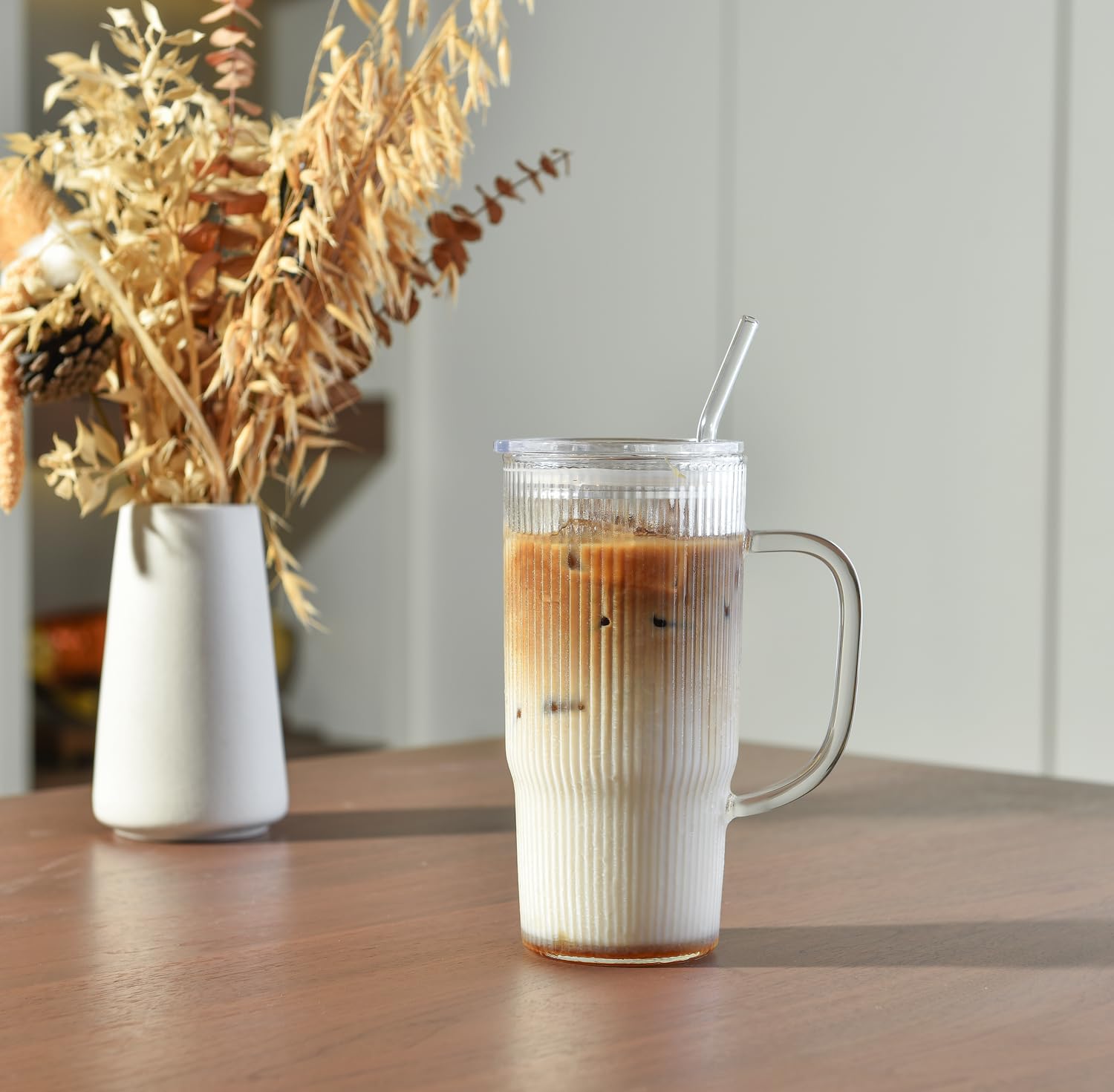 ALINK 2 Pack 24 oz Ribbed Glass Tumbler with Handle Lid and Straw,Glassware Set Ripple Large Iced Coffee Cups, Aesthetic Glass Travel Tumbler for Hot & Cold Beverages, Smoothies, Tea and Juice