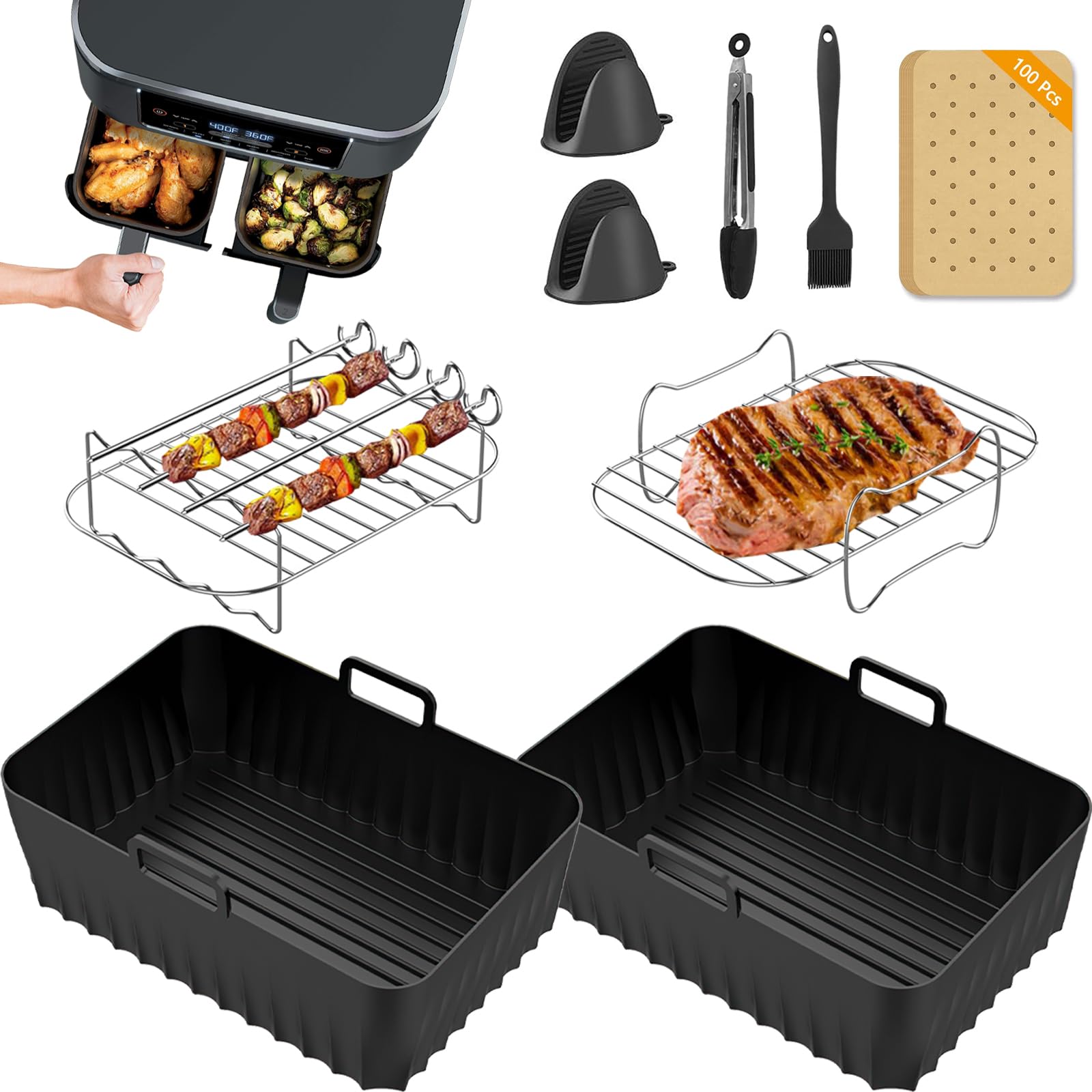 Air Fryer Accessories for Ninja Dual, Silicone Liners & Air Fryer Rack for Ninja Foodi DZ201 DZ401 DZ550 8-10QT, Include Tong, Paper Liner, Oil Brush, Suitable for Oven Microwave