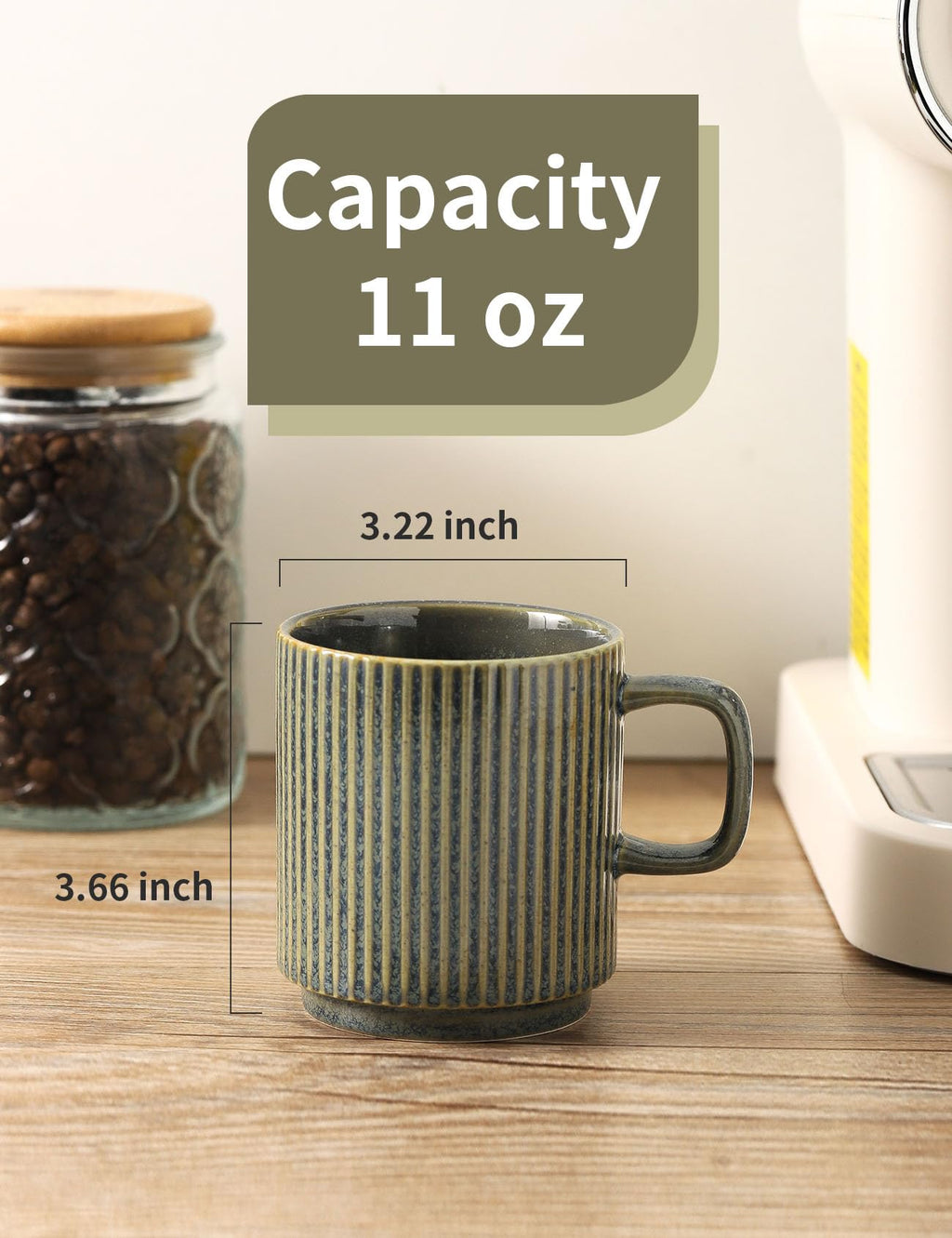 Seyatoo Coffee Mugs Set of 4, Ceramic Ribbed Tea Coffee Cups with Handle, Large Porcelain Mug for Americano, Latte, Cappuccino, Hot Chocolate, Green