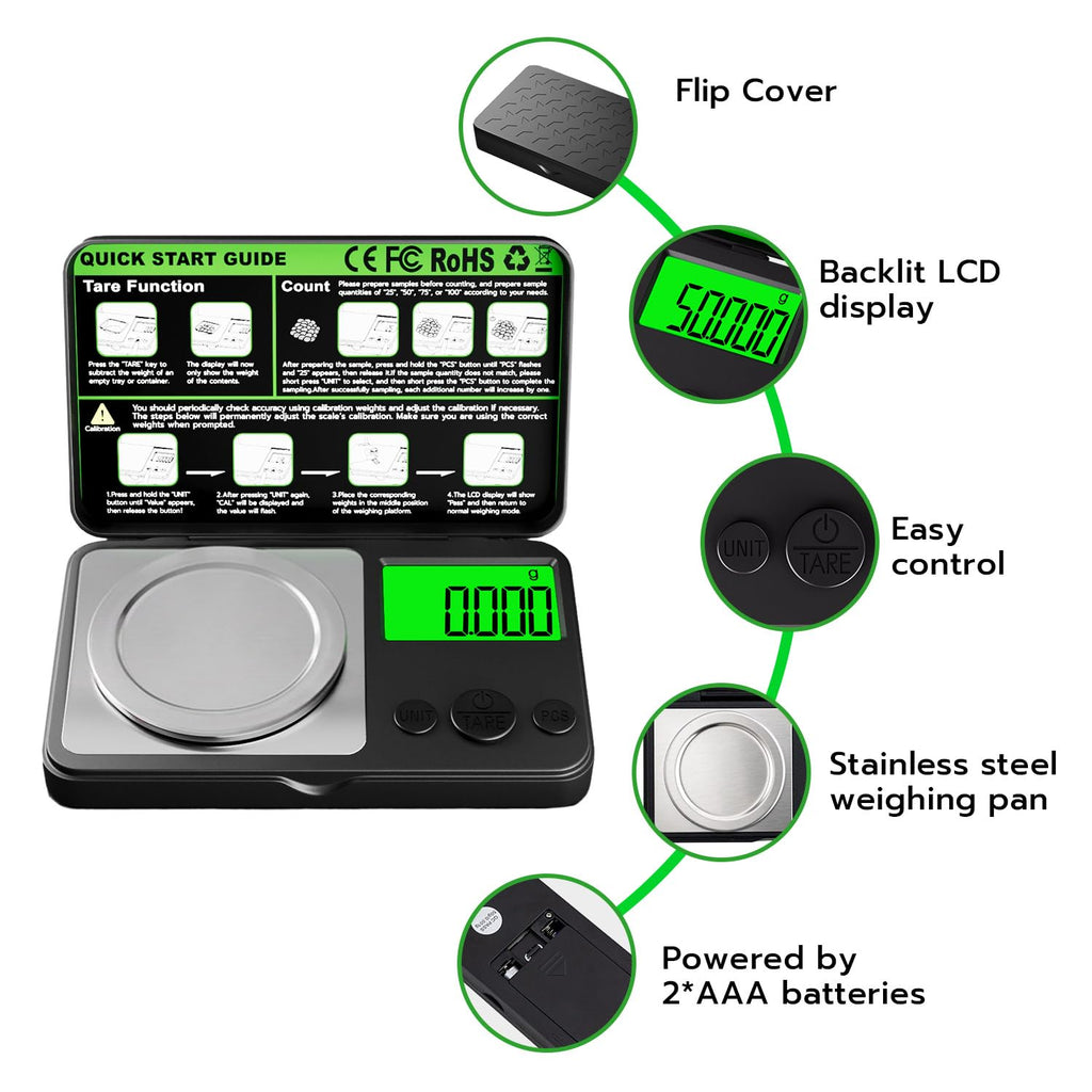 Wigearss High-Precision 50g x 0.001g Digital Scale – 7 Units, Backlit LCD, Tare & Calibration – Perfect for Jewelry, Gold, Herbs & More