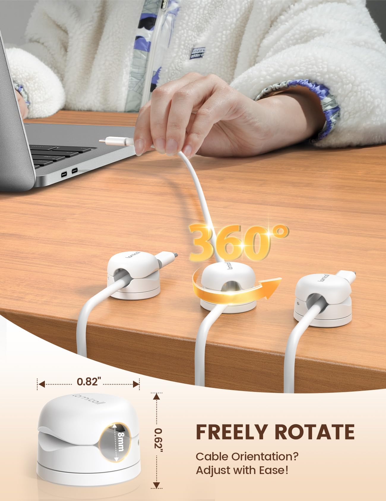 6Pack Cord Organizer, Lamicall Rotatable Spring Cable Clips - [1s Lock] Cord Holder, Desk Phone Charger Cord Management Holder, Adhesive USB Wire Organizer Keeper for Nightstand Office White