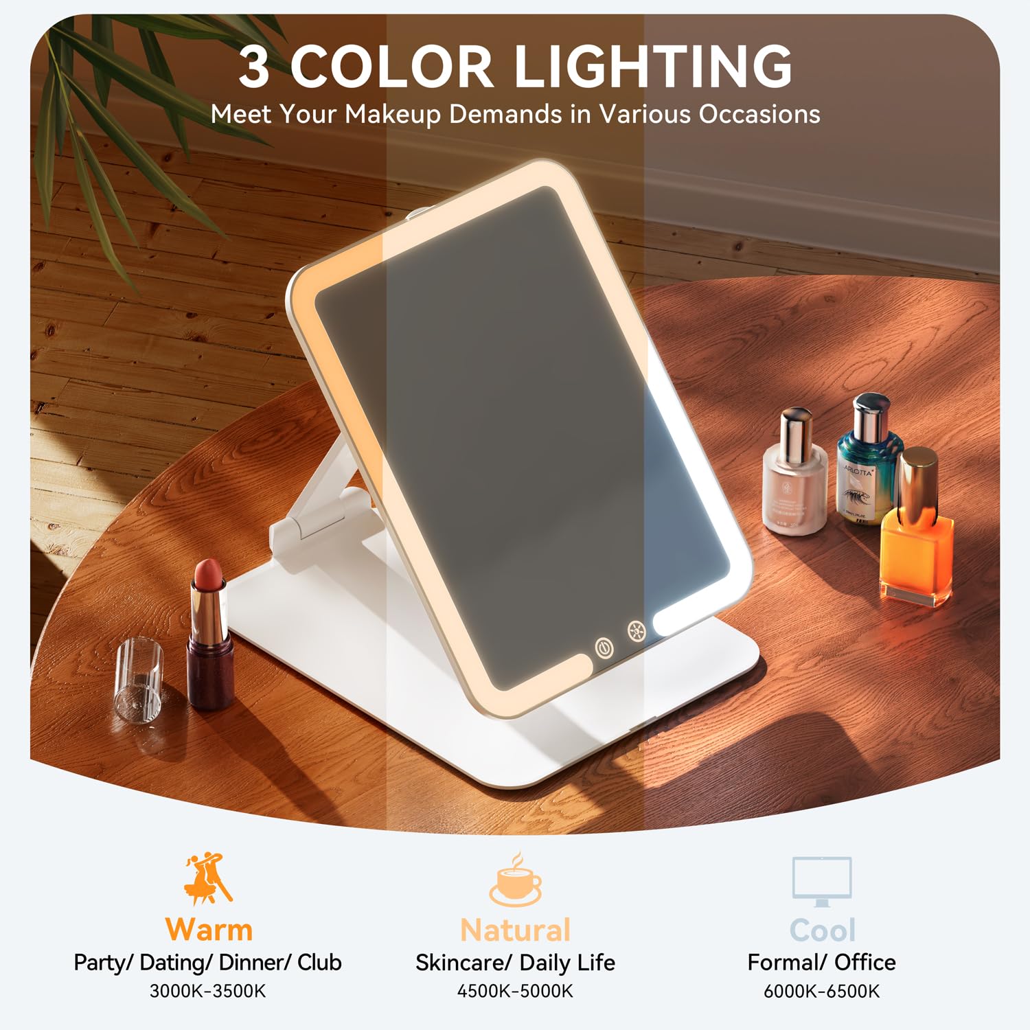 Auxmir Rechargeable Travel Makeup Mirror, Portable Travel Lighted Makeup Mirror with 3 Color Modes Dimmable, Compact Slim Tabletop LED Vanity Mirror with Touch Screen for Daily Business, White