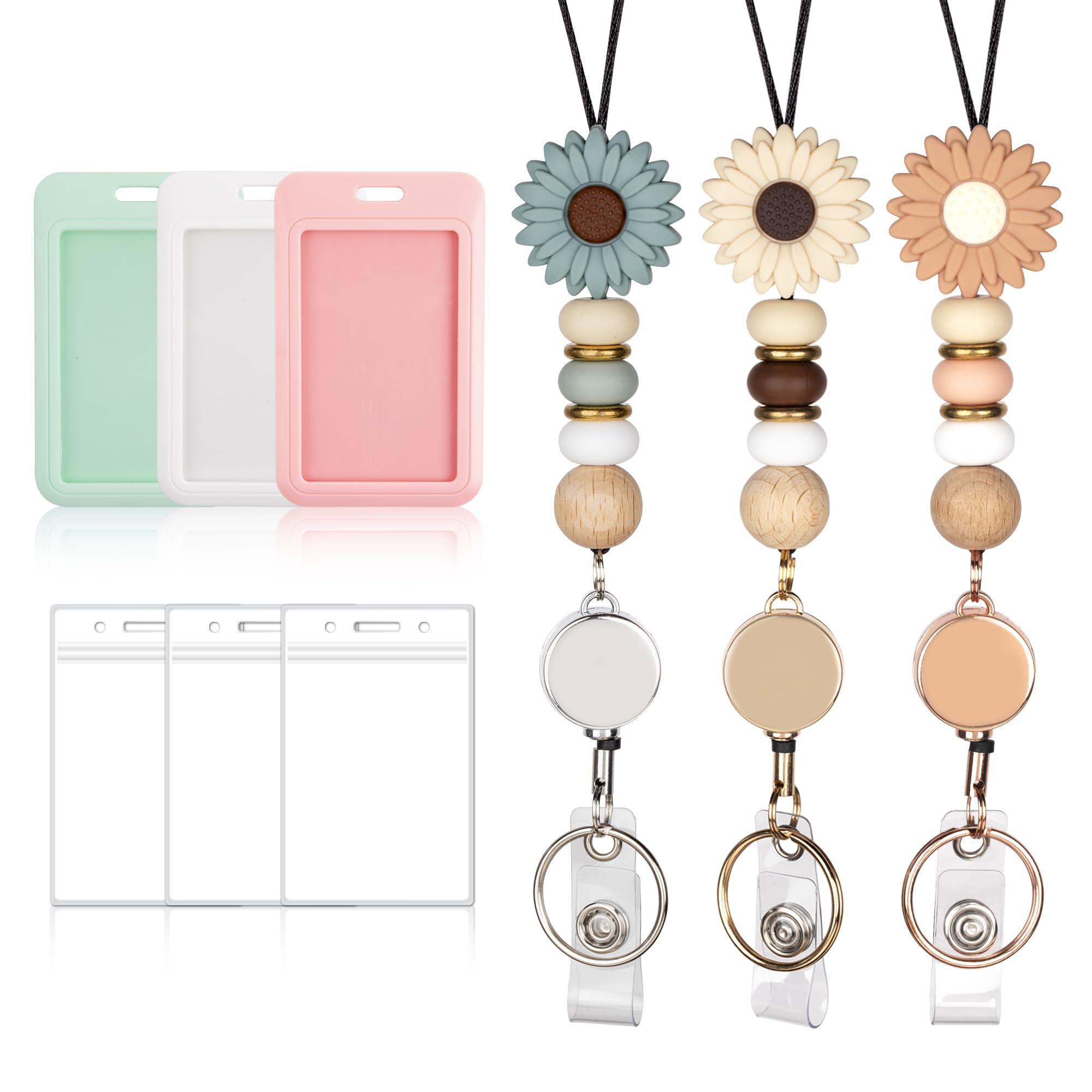 Qoroos 9 in 3 Sets Retractable Teacher Lanyard for ID Badges and Keys Breakaway Lanyard with ID Holder Sunflower Cute Beaded Lanyard Badge Silicone, Gift for Teacher Women Nurse