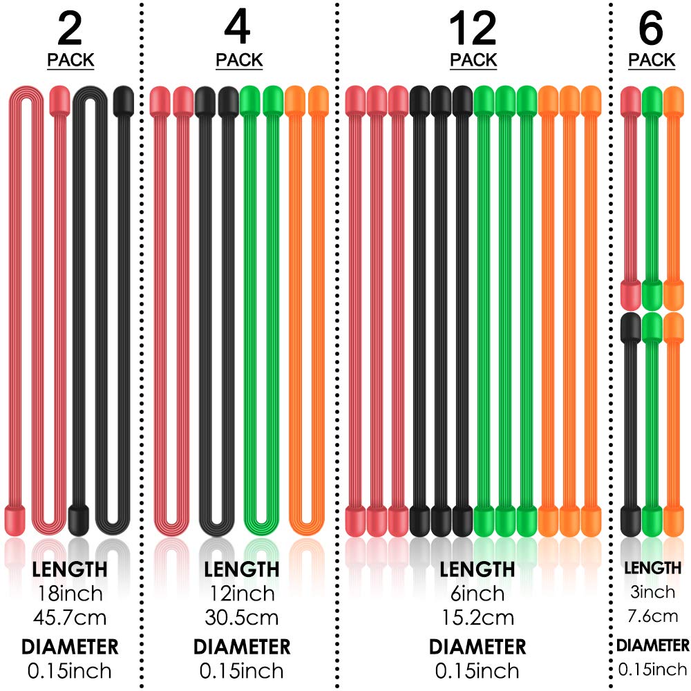 24 Pcs Twist Ties, SENHAI 18" 12" 3" & 6" Silicone Cable Ties Reusable Rubber Straps Holder for Cord Management Cording Hanging - Black, Green, Orange, Red