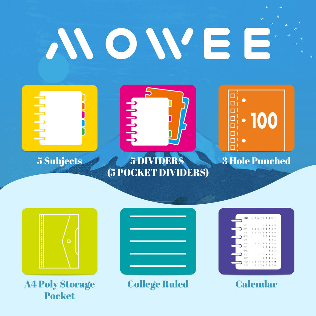 MOWEE Spiral Notebook - 5 Subject Notebook, College Ruled Notebook With Dividers Pocket, Tabs Label, 11" Ruler, 200 Pages, for Writing Journal, Home & Office, School Supplies, 8.5''x11''Black