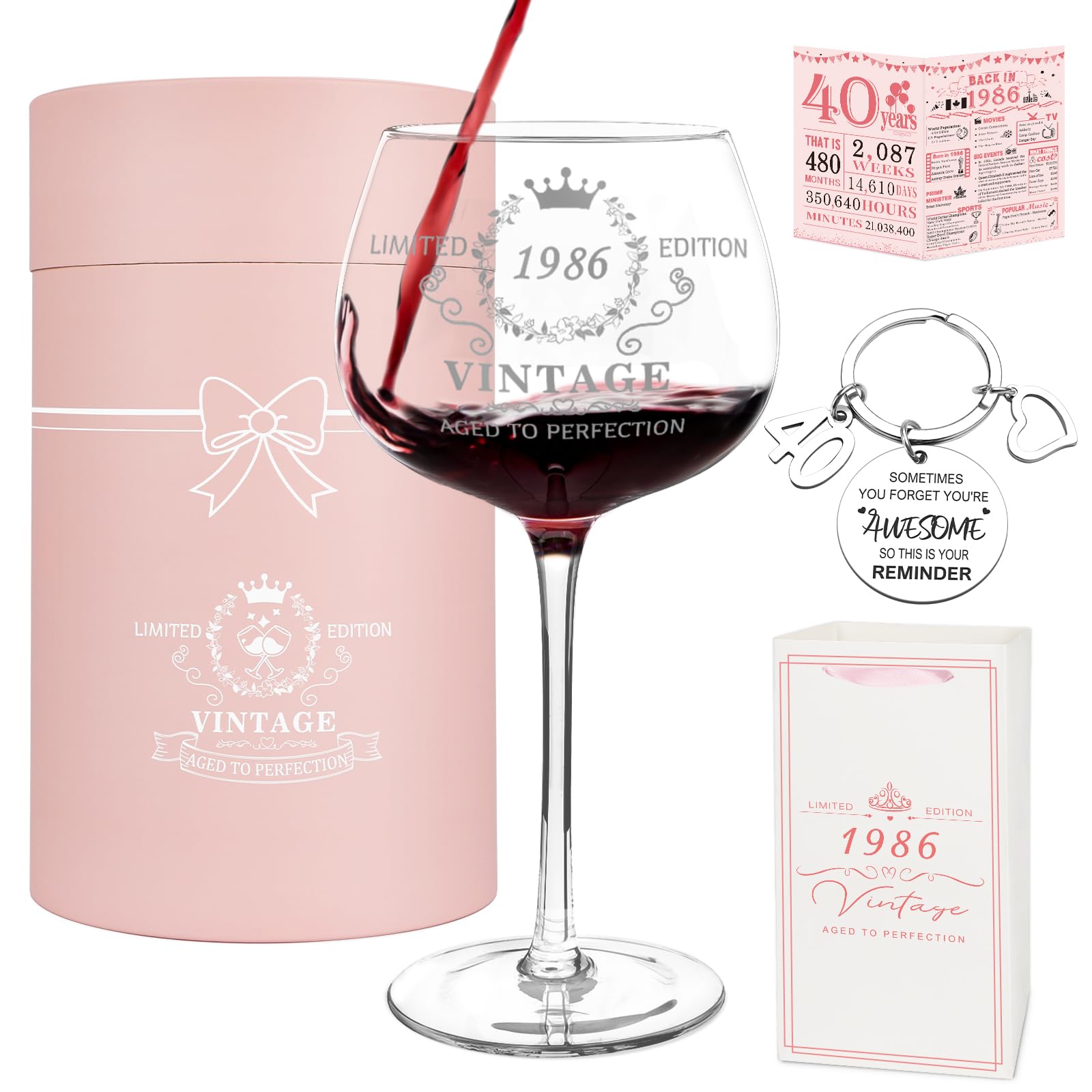 40th Birthday Gifts for Women,Vintage 1986 Platinum Print Wine Glass, 40th Birthday Decorations for Women, 1986 40 Year Old Gift Ideas for Her, Wife, Friends - 16Oz Wine Glass