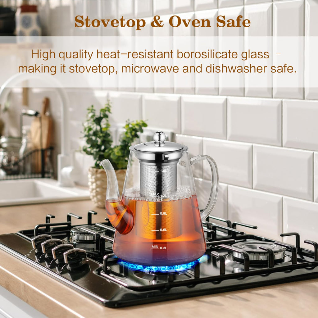 Zpose 1500ml Glass Teapot, Large Capacity Tea Pot with Removable Infuser, Borosilicate Glass, Transparent, Ideal for Loose Leaf Tea and Blooming Tea, Gift Box for Tea Lovers