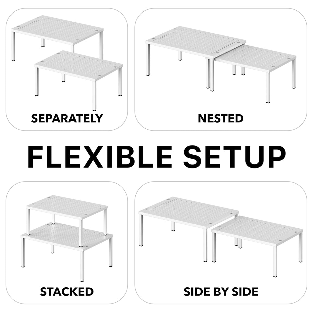 Simple Houseware Expandable and Stackable Kitchen Cupboard Metal Organizer for Mug Shelf, Spice Rack, and Pantry Storage, Set of 2, White