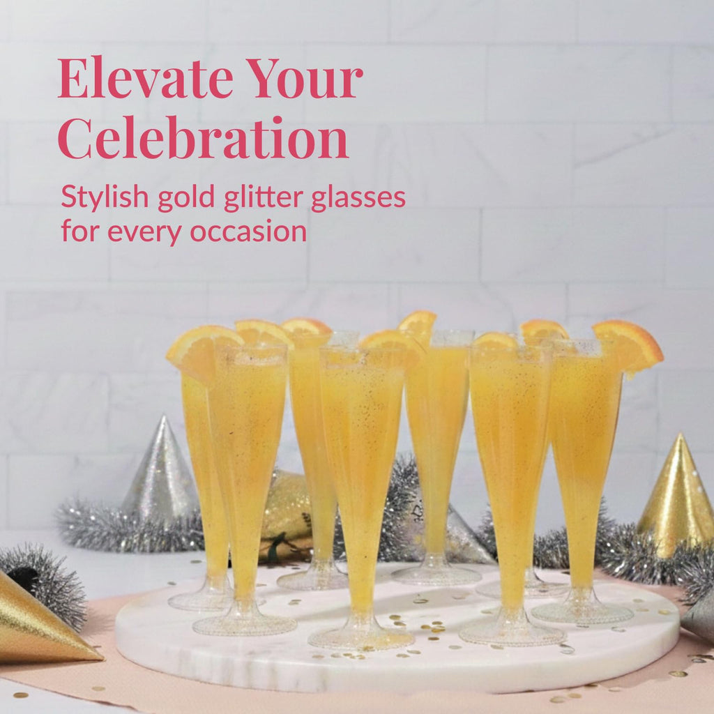 100 Plastic Champagne Flutes - Disposable Gold Glitter Plastic Champagne Glasses - Parties, Mimosa Bar, Events, Wedding, Shower Supplies - Disposable Wine Glass
