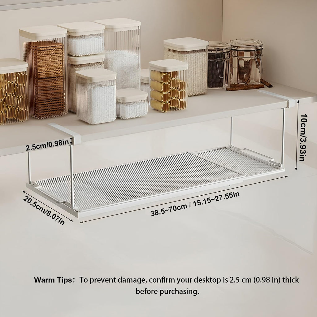Metal Under Shelf Basket White, Expandable Under Cabinet Organizer, Easy No-Drill Installation, Sturdy Hanging Storage for Kitchen, Cabinet, Desk, Pantry, Shoe Rack, Pack of 1, 4-Inch Height, White