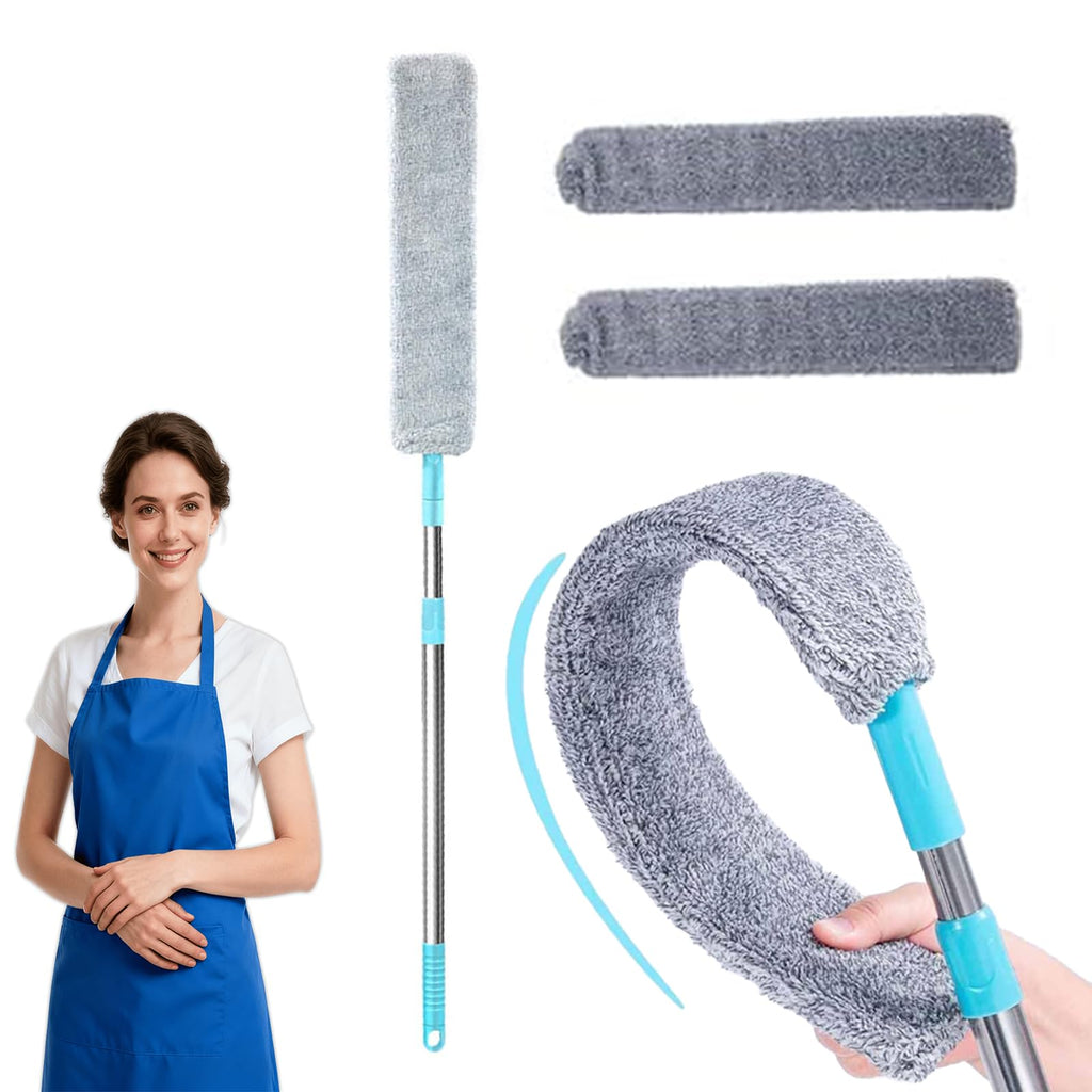 Dusters for Cleaning with 3 Microfiber Cloths – Extendable Bendable Flat Duster for Dust Removal – Washable Cleaning Tool for Shelves, Fans & Hard-to-Reach Areas