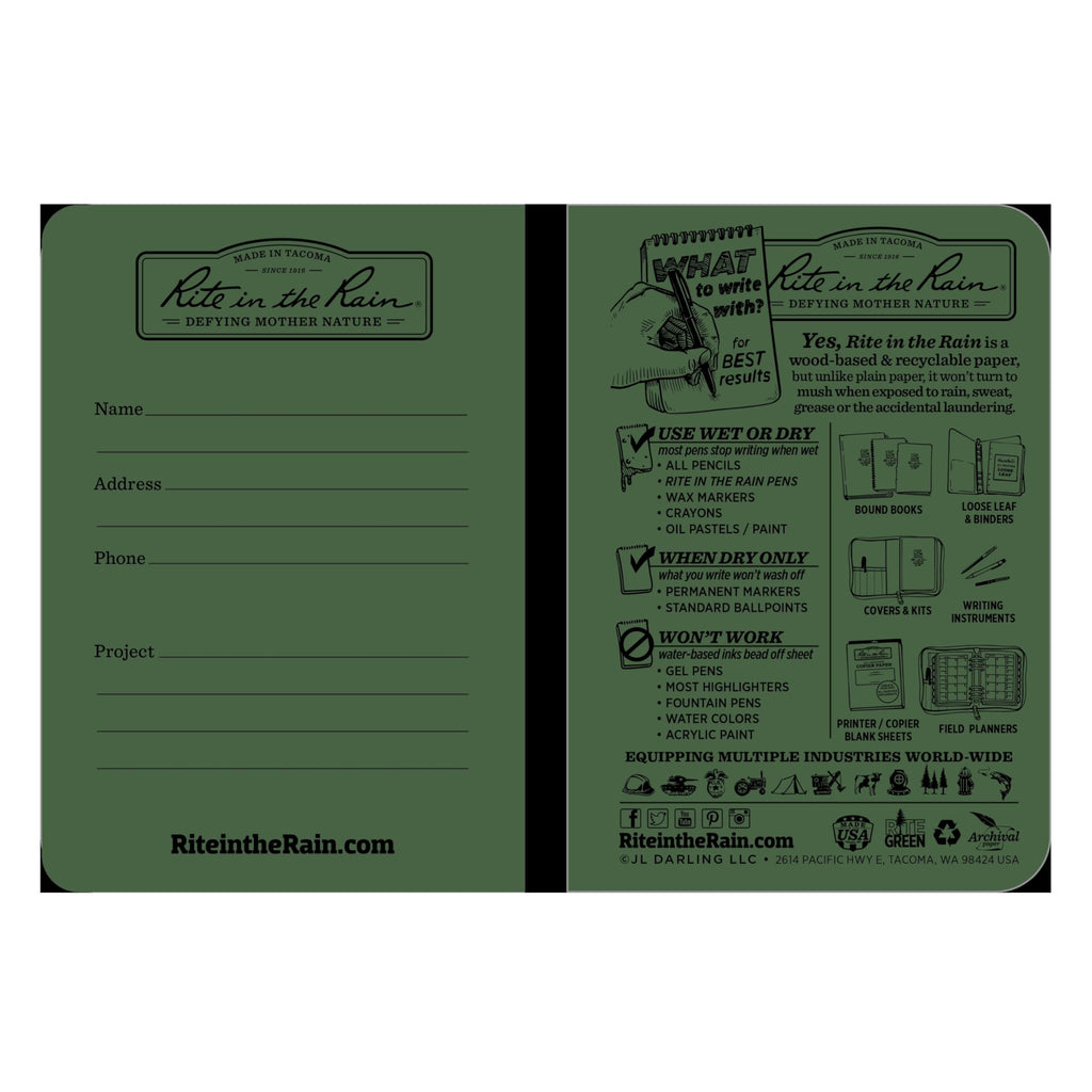 Rite in the Rain Weatherproof Mini-Stapled Notebook, 3 1/4" x 4 5/8", Green Cover, Universal Pattern, 3 Pack (No. 971FX-M)