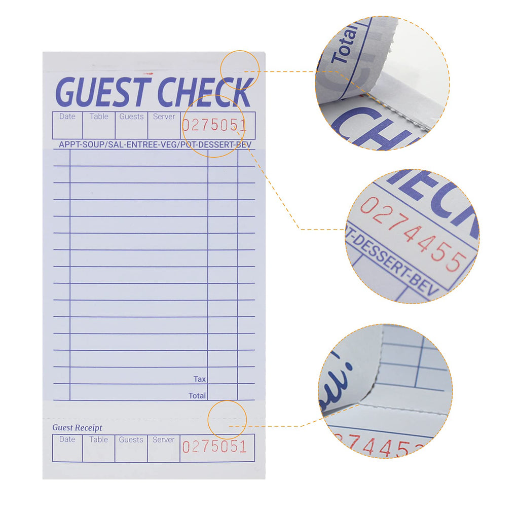 suituts 24 Pack Guest Checks Book/Server Note Pads, Waitress Notepad, Order Book for Restaurants, 1 Part Booked with 15 Lines, 50 Checks Per Book, with 6 Clips