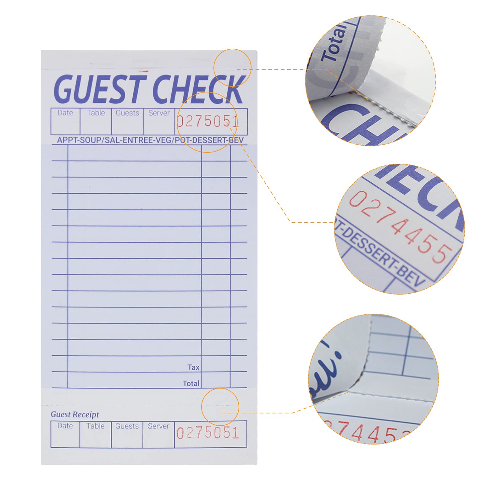 suituts 24 Pack Guest Checks Book/Server Note Pads, Waitress Notepad, Order Book for Restaurants, 1 Part Booked with 15 Lines, 50 Checks Per Book, with 6 Clips