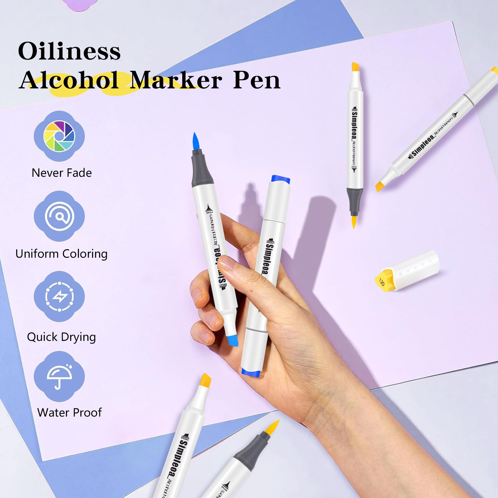 120-Color Brush & Chisel Alcohol Markers, Adults Coloring Illustration, Alcohol-based Art Marker