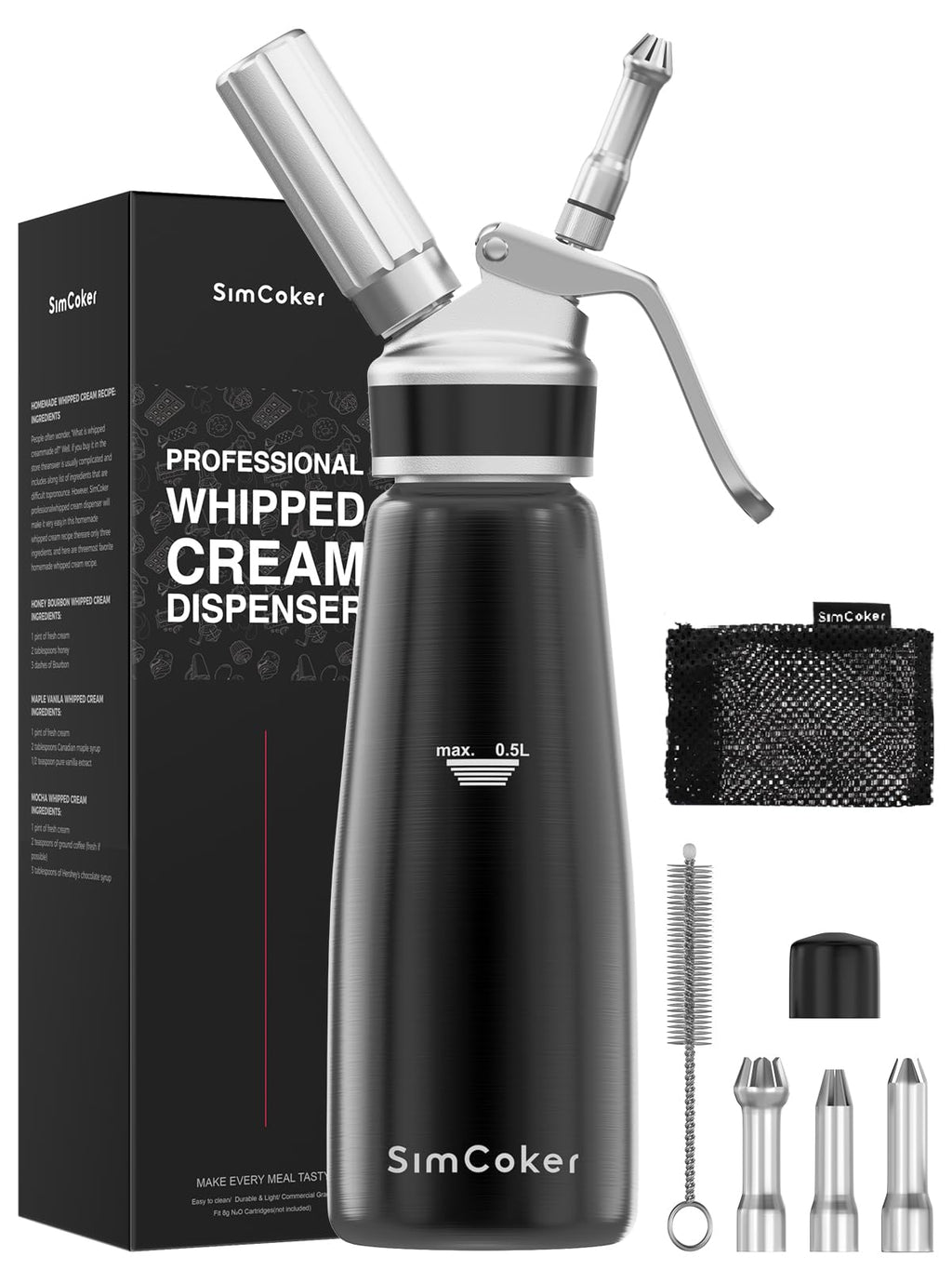 Professional Aluminum Whipped Cream Dispenser 500ml / 1 Pint, Leak-Proof Cream Whipper with 3 Decorating Tips, Food-Grade Tested, Easy Clean, N2O Chargers Compatible (Not Included)