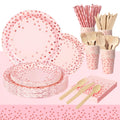 Nkaiso193Pcs Pink and Rose Gold Party Tableware, Party Paper Plates and Cutlery Set Includes Plates Cups Dinnerware Napkins, for Birthday Wedding Babyshower Decorations Supplies-24 Guests