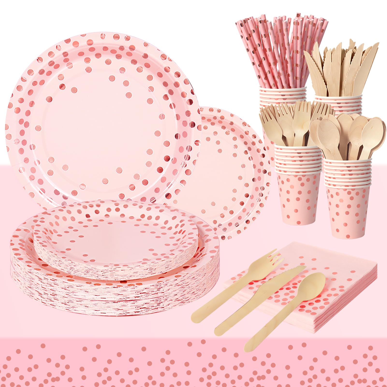 Nkaiso193Pcs Pink and Rose Gold Party Tableware, Party Paper Plates and Cutlery Set Includes Plates Cups Dinnerware Napkins, for Birthday Wedding Babyshower Decorations Supplies-24 Guests
