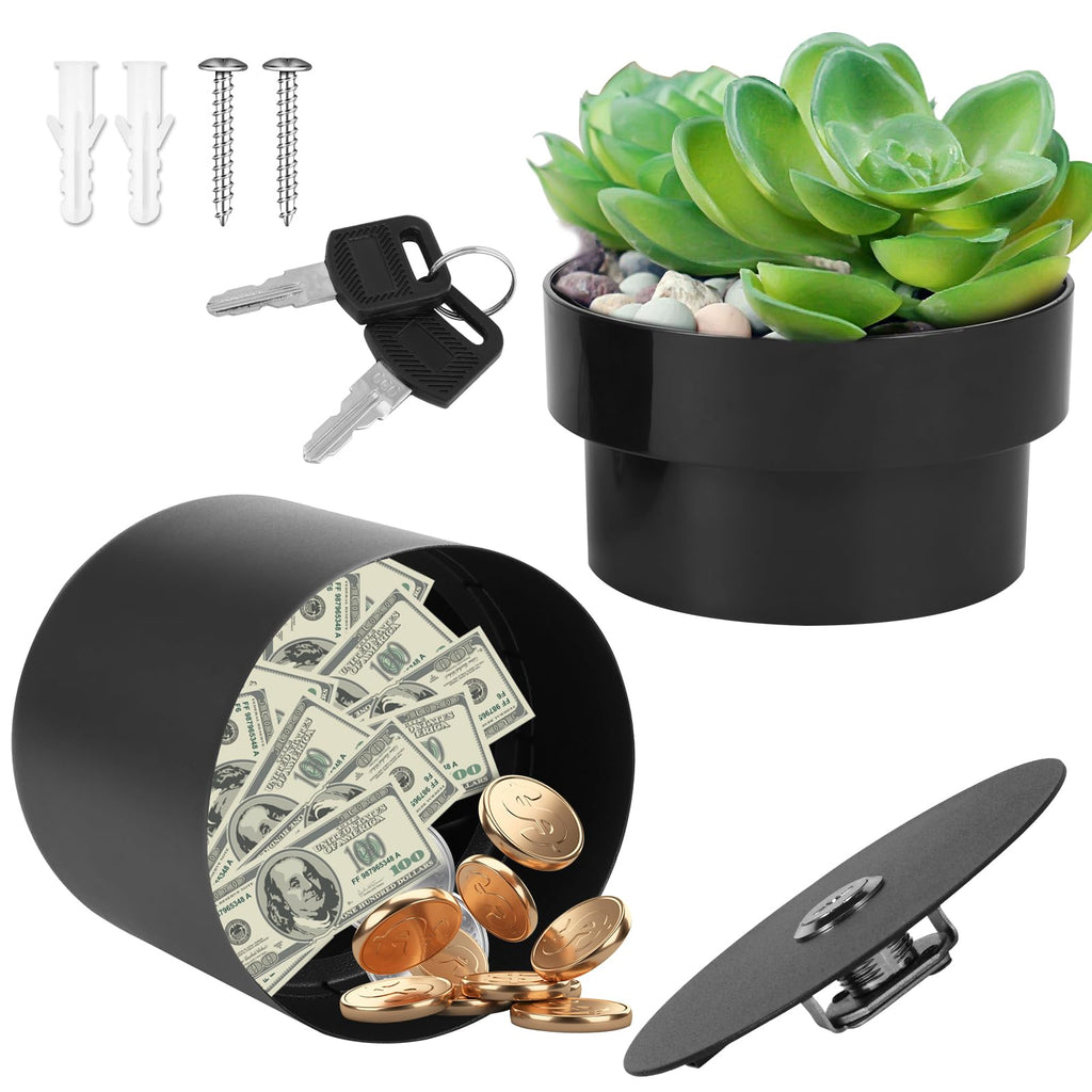 GLMFAN Flower Pot Diversion Safe with Key Lock, Secret Hidden Safe Organizer Box, Secret Safe Compartment Lock Case 2 Layer, Perfect for Hiding Key, Money, Jewelry, Watch and Passport (Black)