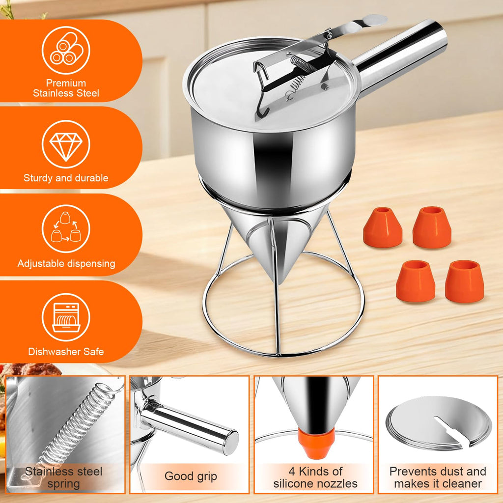 40oz Pancake Batter Dispenser, Stainless Steel Funnel Cake Dispenser with 4 Silicone Nozzles, 3 Brushes, 1dust Cover, Exquisite Box Packaging, Perfect for Waffle, Pancakes, Cupcakes, and Funnel Cakes