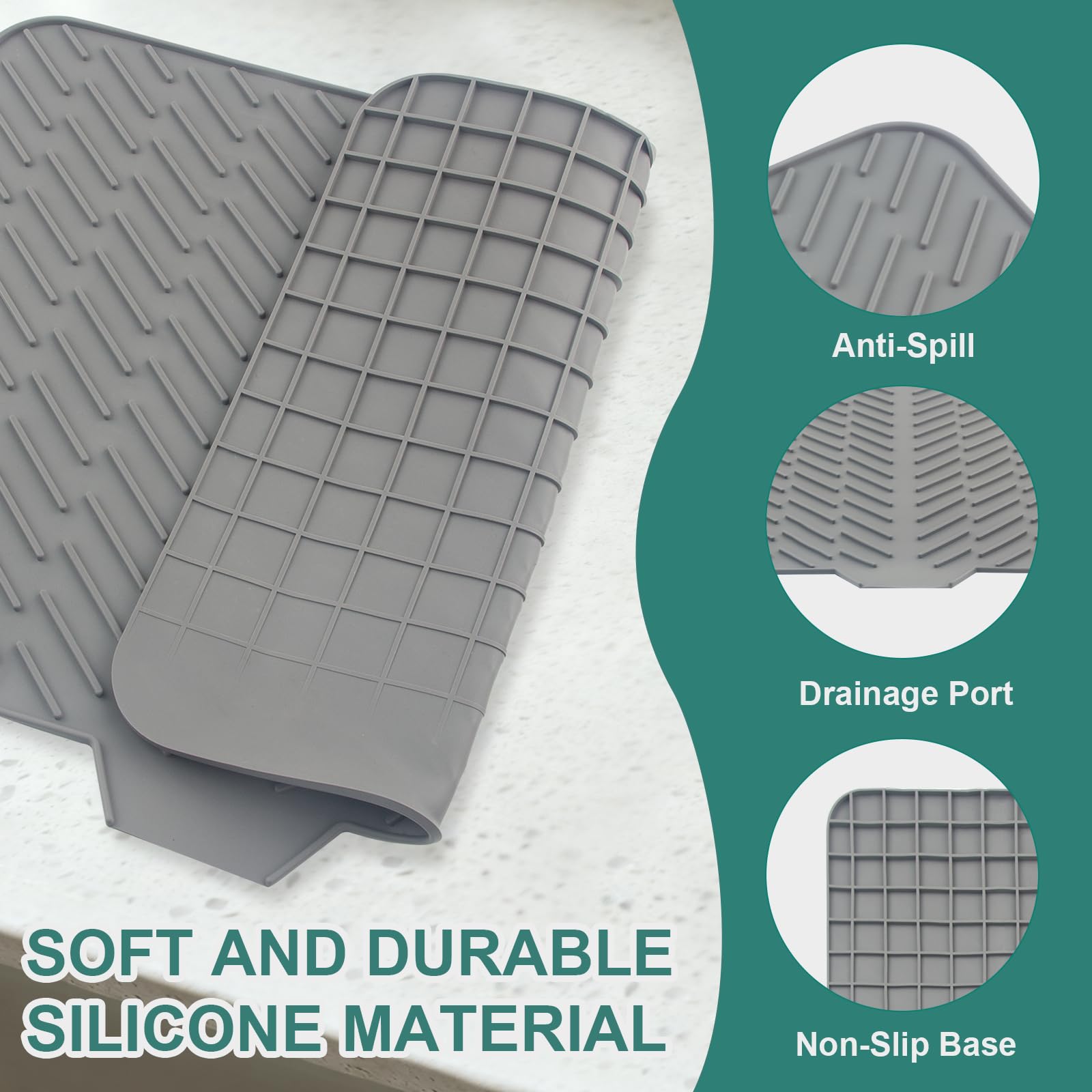 SCYFREID Silicone Dish Drying Mat 23x17 Multiple Usage,Easy clean,Eco-friendly,Heat-resistant Silicone Mat Dish Drying Mats For Kitchen Counter or Sink,Refrigerator or Drawer liner Gray 23inchx17inch