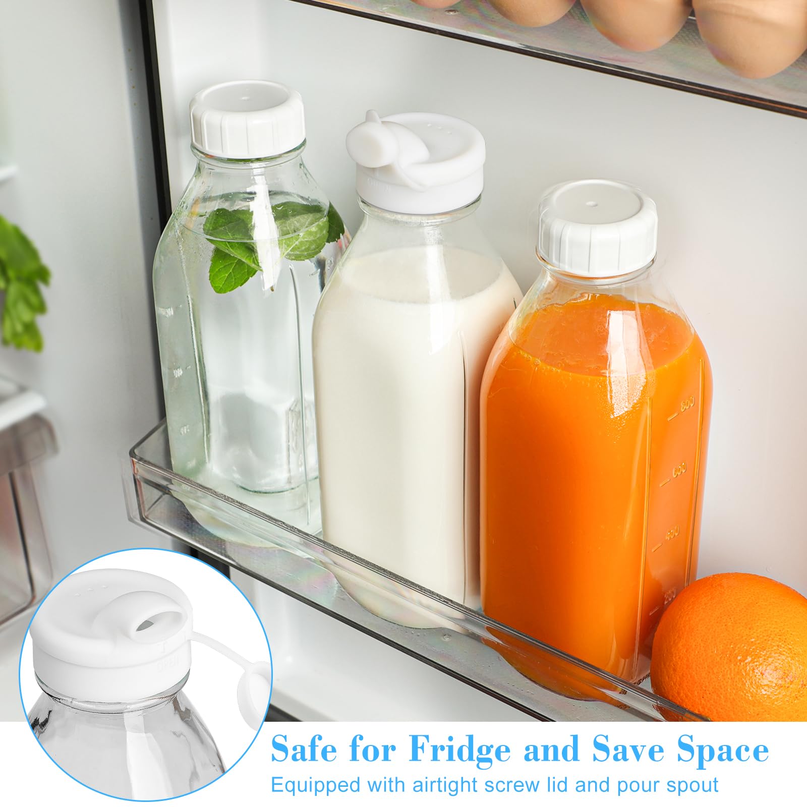 Glass Milk Bottle with 2 Dispenser Caps & 100% Airtight Screw Lid, 2 Pack 32 Oz Reusable Glass Bottles with 3 Lids! Milk Container for Oat Nut Almond Milk, Juice, Water, Cold Brew Coffee, Creamer