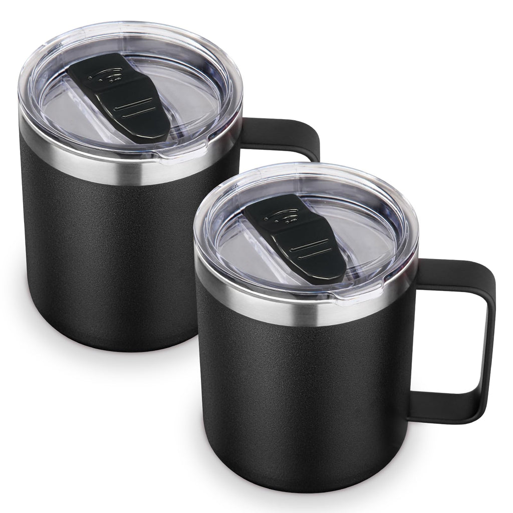 Volhoply 14oz Insulated Stainless Steel Coffee Mug with Lid Bulk 2 Pack,Double Wall Vacuum Travel Coffee Cup with Handle,Reusable Cups Tumbler,Camping Mugs Keep Hot,Christmas Gifts(Black,2 Set)