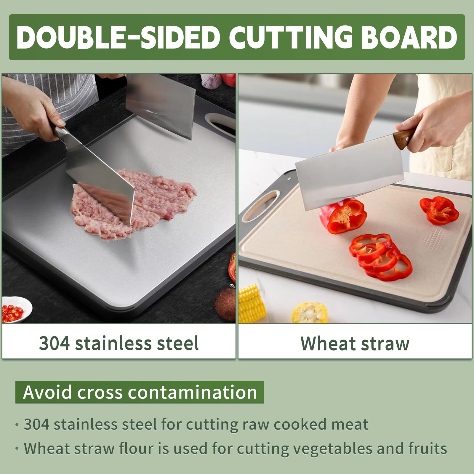 Newraturner Cutting Board Double Sided,Large Stainless Steel Cutting Boards,Wheat Straw Cutting Boards for Kitchen,for Meat, Veggies, Fruits, with Easy Grip Handle,Dishwasher Safe (1, Large)