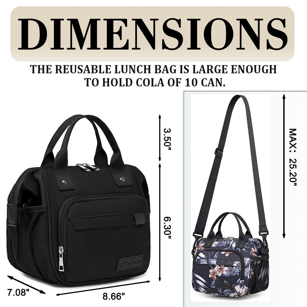 Black Lunch Bags for Women, Sac a Lunch Femme High Capacity Insulated Lunch Box for Work, Portable Lightweight Soft Cooler for Picnic Travel Road Trips