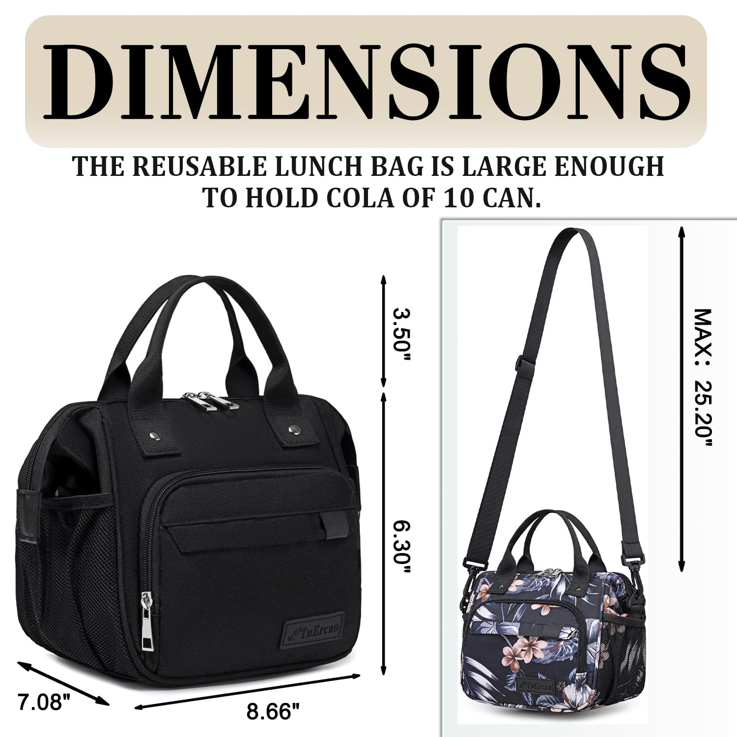 Black Lunch Bags for Women, Sac a Lunch Femme High Capacity Insulated Lunch Box for Work, Portable Lightweight Soft Cooler for Picnic Travel Road Trips
