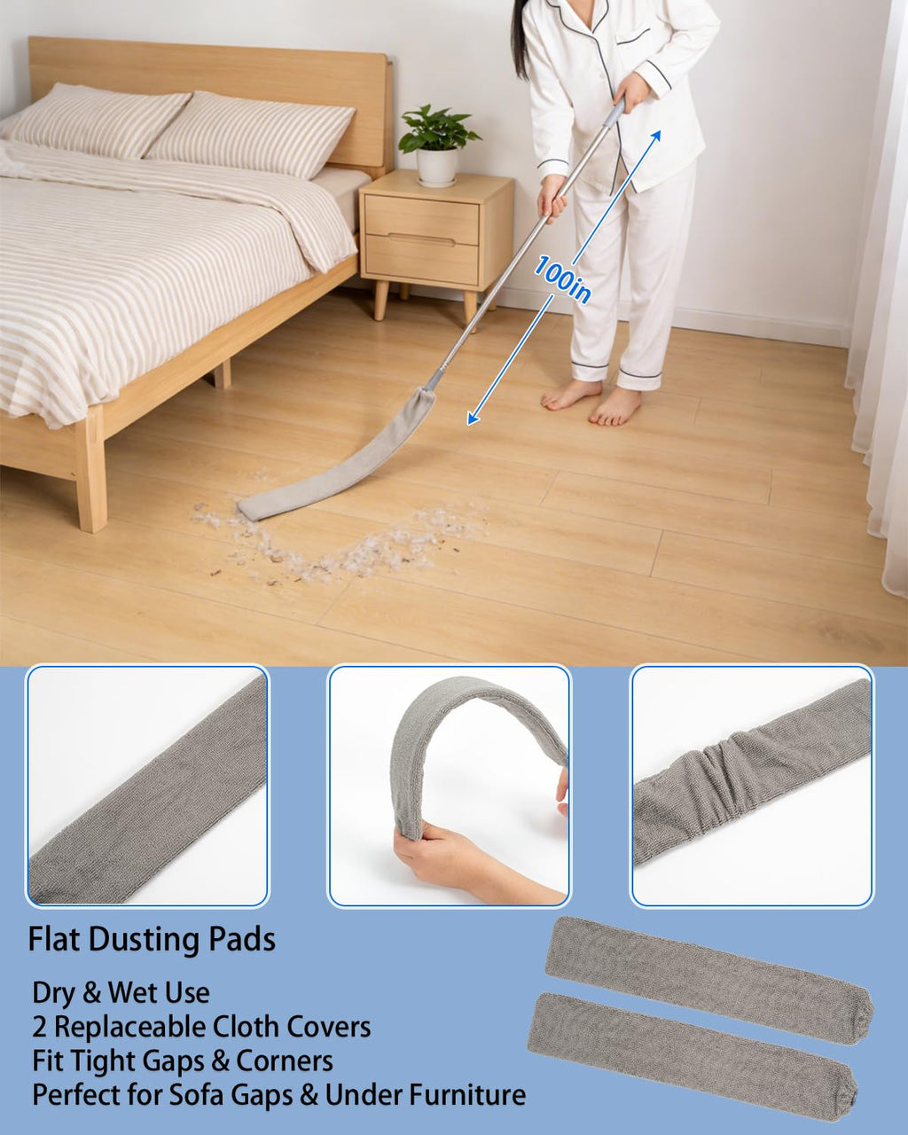 5 PCS Dusters for Cleaning, Extendable Duster Set with 100'' Telescopic Pole, Microfiber Feather Duster, Chenille Duster, Flat Dusting Pads for High Ceilings Fans Blinds, Furniture Cleaning Supplies