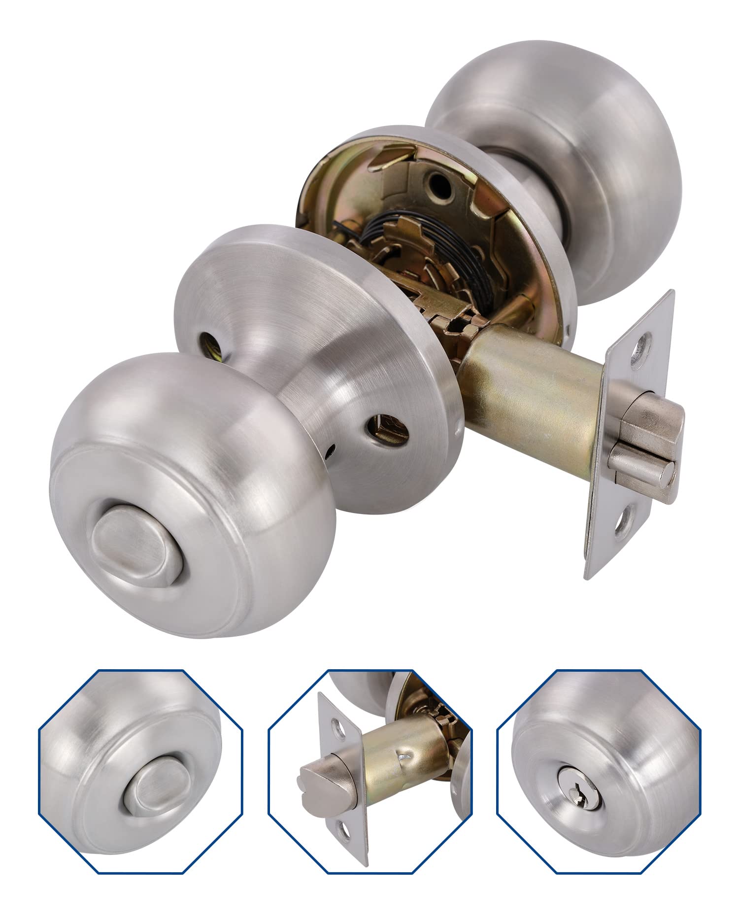 Door Knobs Interior Keyed Difference Entry Front Bedroom Doorknobs with Lock Flat Ball Handle Lock Sets in Satin Nickel