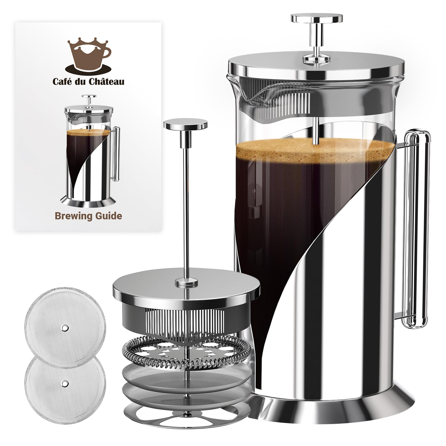 French Press Coffee Maker 34oz – Stainless Steel & Glass Coffee Press with 4-Level Filtration, BPA-Free Cafetiere for Camping or Home – Large, Durable for Hot & Cold Brew