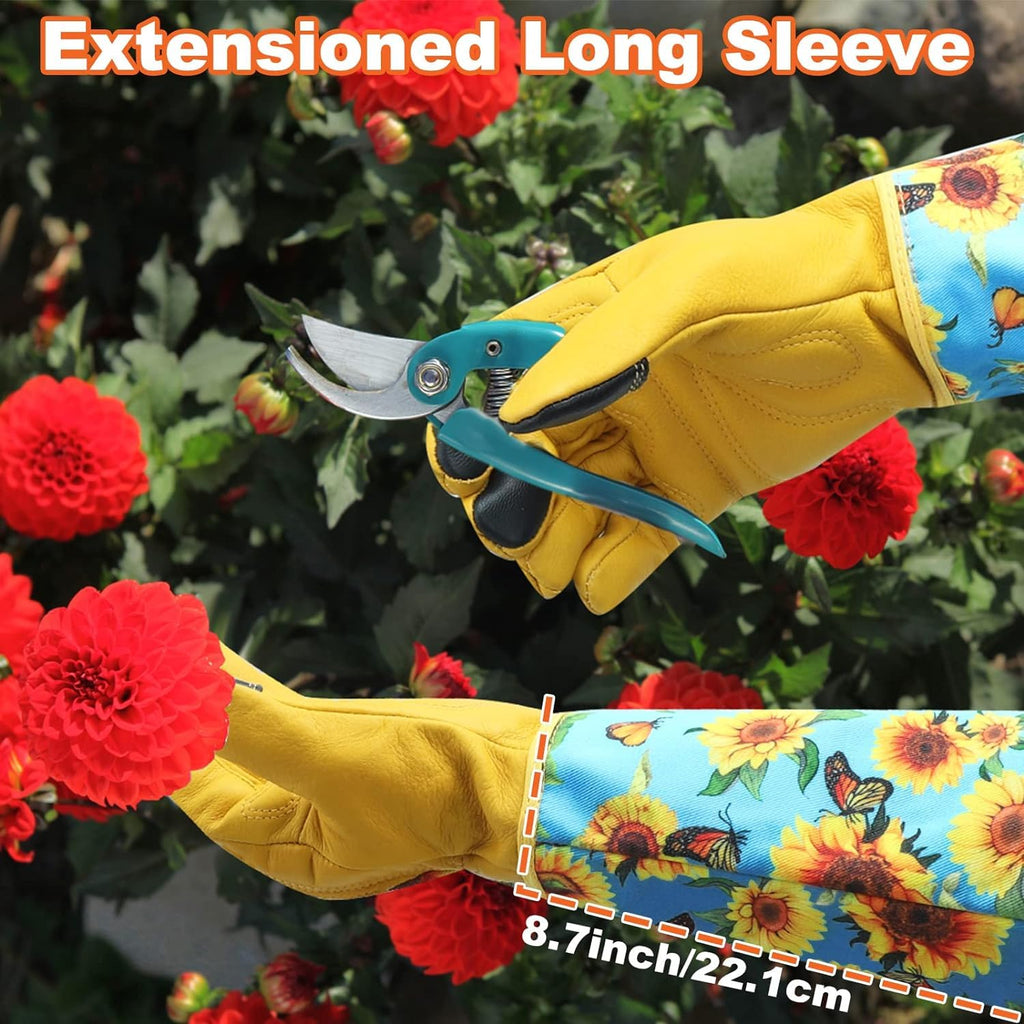 DLY Gardening Gloves for Women, Rose Gloves Gardening Thorn Proof, Long Garden Gloves for Women, Breathable Cowhide Leather Gauntlet (Medium, Blue)