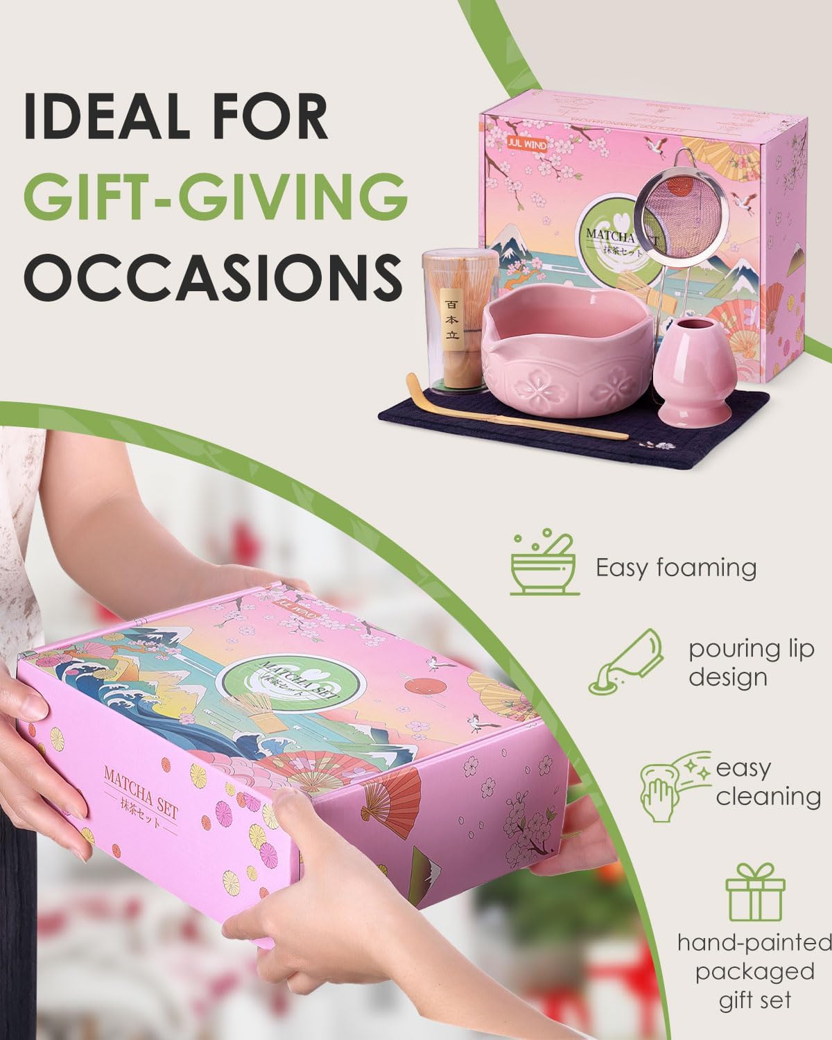 Matcha Whisk Set, Ceramic Matcha Set Includes Matcha Bowl with Spout, Matcha Whisk and Holder,Matcha Kit Gift for Matcha Lovers Beginners (Pink, 6Pcs/Set)