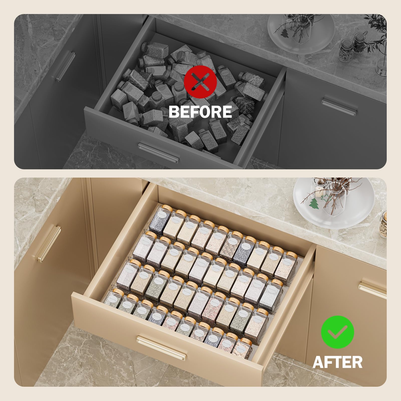PanPanPal Spice Drawer Organizer, 4 Pack Clear Seasoning Organizer Rack, Kitchen Spice Rack Organizers for Drawer/Countertop (Jars Not Included, Expandable From 11" to 22" Wide)