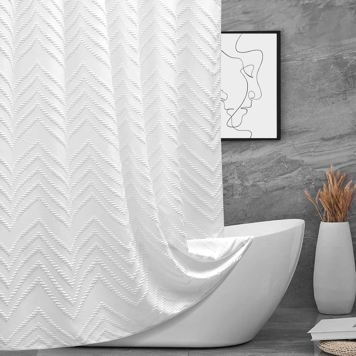 Extra Long Shower Curtains 72 x 84 Inches White Tufted Chevron Striped Fabric Shower Curtains for Bathroom Modern Shabby Chic Waterproof Cloth Shower Curtain Set with Hooks, White