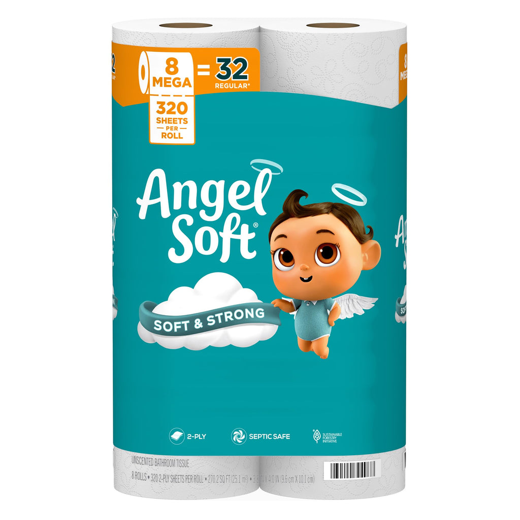 Angel Soft Toilet Paper, 8 Mega Rolls = 32 Regular Rolls, Soft and Strong Toilet Tissue