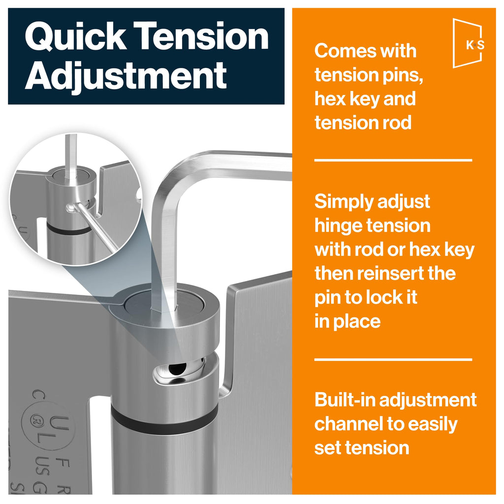 KS Hardware Mortise Spring Hinge | Automatic Self Closing Door Hinges with Complete Installation Hardware | 4" X 4" with 5/8" Radius Corners | 2 Pack, Satin Nickel Finish
