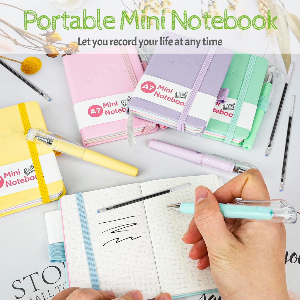 Mulaibdin 5 Pcs Pocket Notebook, Small Journaling Notebooks Pocket Size, A7 Cute Notebook with Pen, Small Notepads with Elastic Band, Portable Mini Leather Notepad for School,Office, Memos,Journal(200 Page)