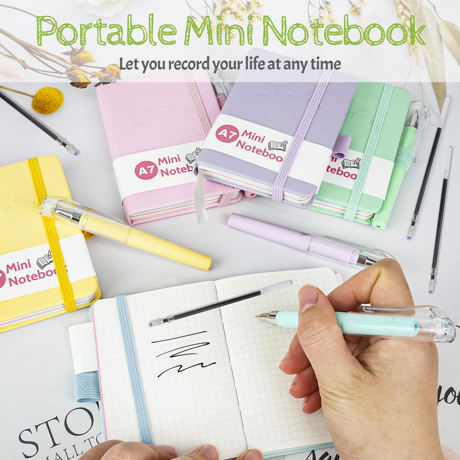 Mulaibdin 5 Pcs Pocket Notebook, Small Journaling Notebooks Pocket Size, A7 Cute Notebook with Pen, Small Notepads with Elastic Band, Portable Mini Leather Notepad for School,Office, Memos,Journal(200 Page)