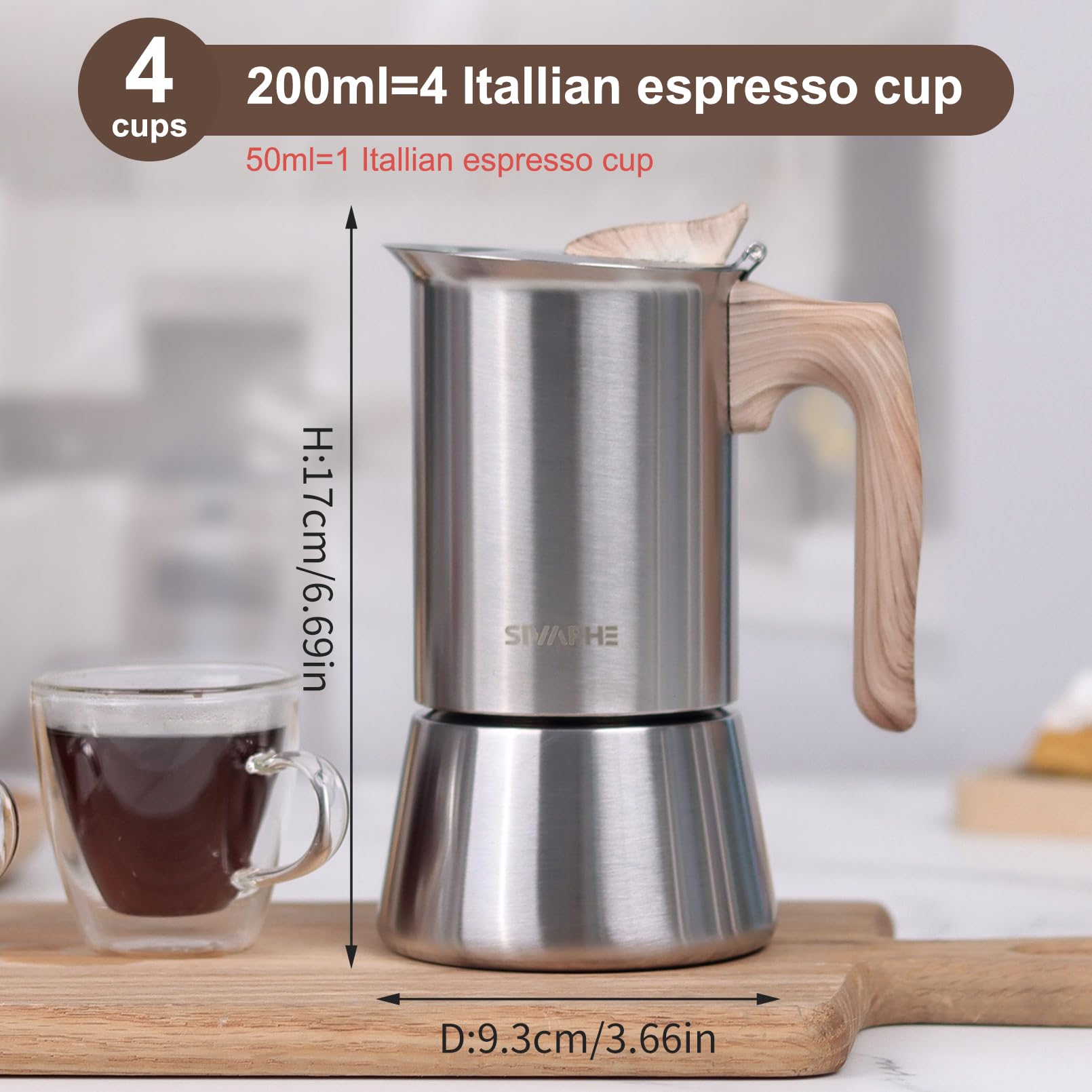 Sivaphe Induction Moka Pot Stainless Steel Stovetop Espresso Pots Strong Coffee Maker 4 Cup /200ml